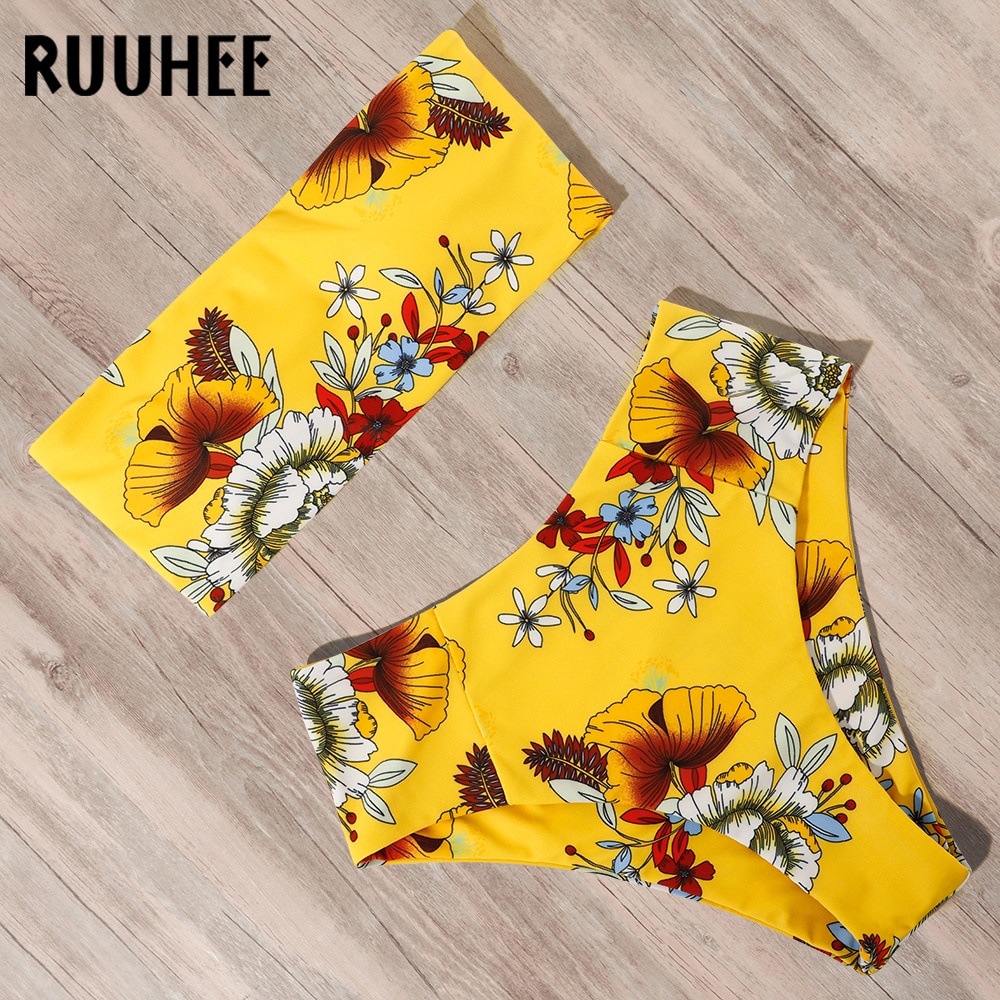 PREORDER RUUHEE 2021 Swimwear Women Bandeau Sexy Push Up Bikini High Waist Bikini Flower Printed Bat