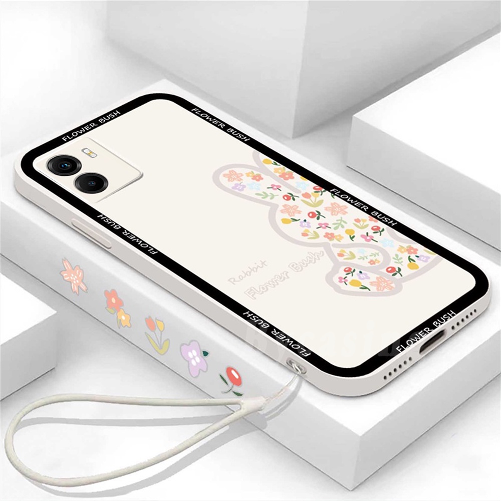 Soft Case Silikon Motif Kelinci + Bunga + Strap Untuk iPhone 11 Pro Max / 13 / 12 / 6 / 6S / 7 / 8 Plus / SE 2020 / XR / Xs Max