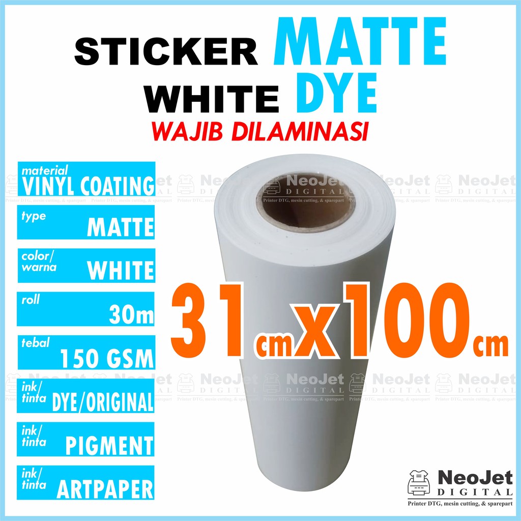 

Stiker Vinyl Matte Inkjet DYE Doff Doft Mate 31 x 100cm Putih Meteran Sample Sticker