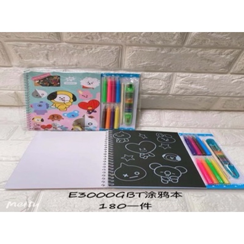 STATIONERY DRAWING BOOK SCRATCH PAINTING BUKU SKETSA MEWARNAI BTS / COLORING BOOK SET BTS - STATIONERY CRAYONS MARKERS BT21