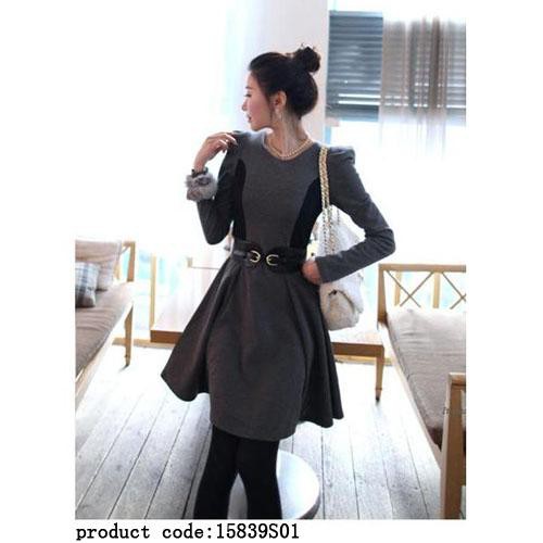 Women's New Grey O-Neck Solid Knee-Length Long Sleeve A-Line Dress -