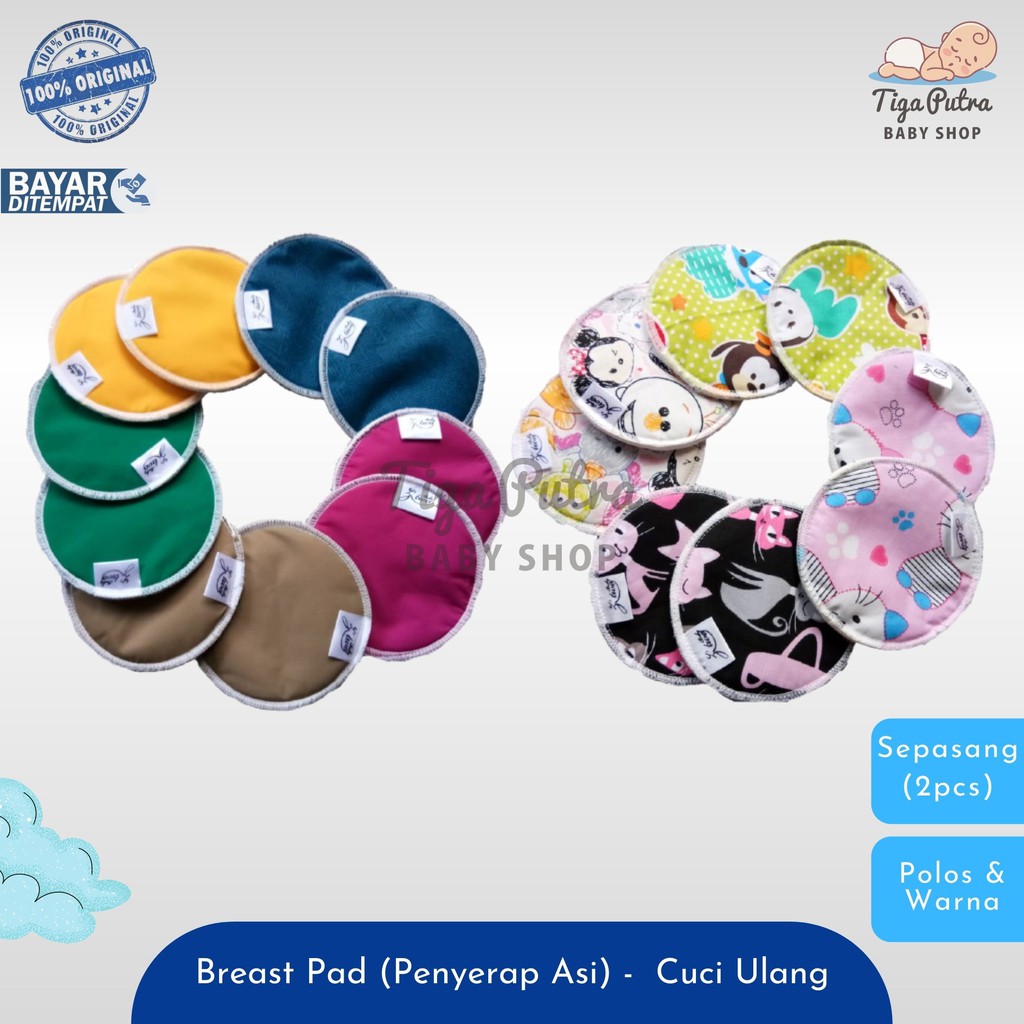 Breast Pad Penyerap Asi Cuci Ulang Sepasang (2 pcs) Motif Polos Warna