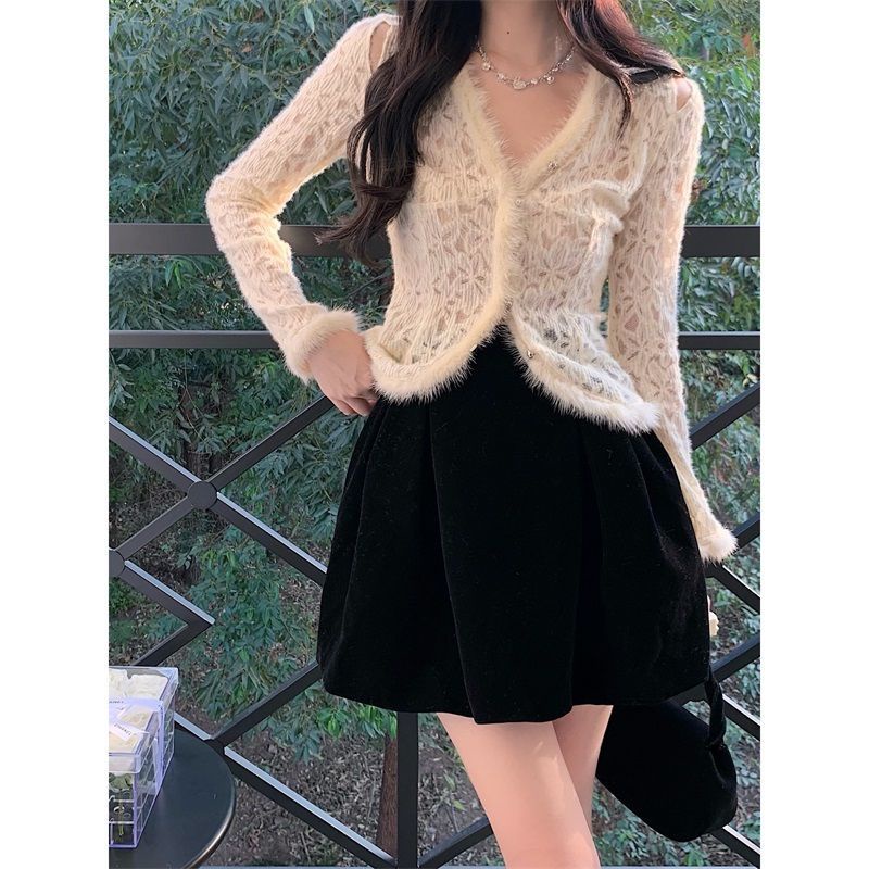 atasan renda import lace shirt women s winter warna solid lengan panjang pure want sexy furry hollow