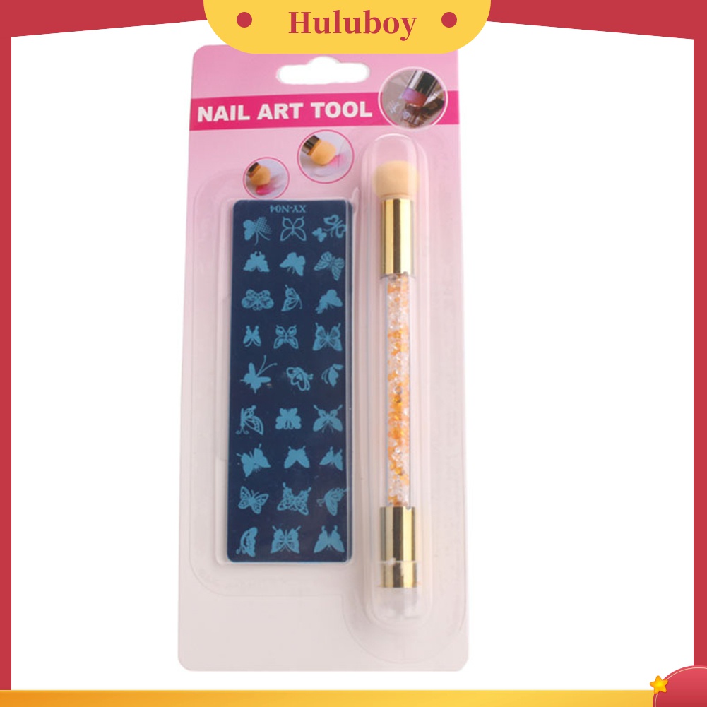 Huluboy Huluboy♡ 3pcs / Set Plat Template + Scraper + Pen Gambar Motif Untuk Nail Art