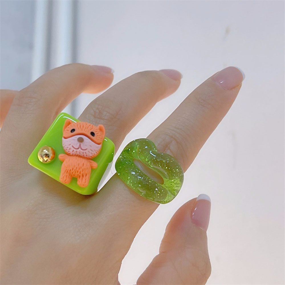 Needway  Women Girls Finger Ring 2021 New Style Fashion Accessories Resin Rings Bear Rabbit Bunny Dog Cute Lovely Acrylic Resin Sweet Korean Cartoon Animal Party Jewelry