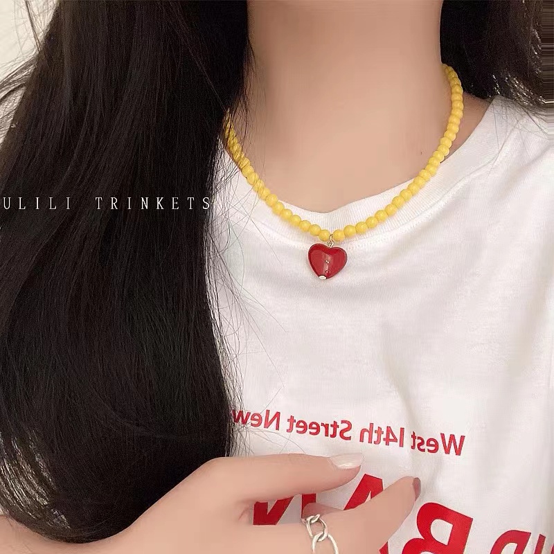 Kalung Rantai Klavikula Liontin Manik-Manik Hati Warna-Warni Gaya Korea