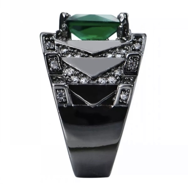 Cincin Pria Gothic Hip Hop Black Platted Green Emerald Zamrud Hijau