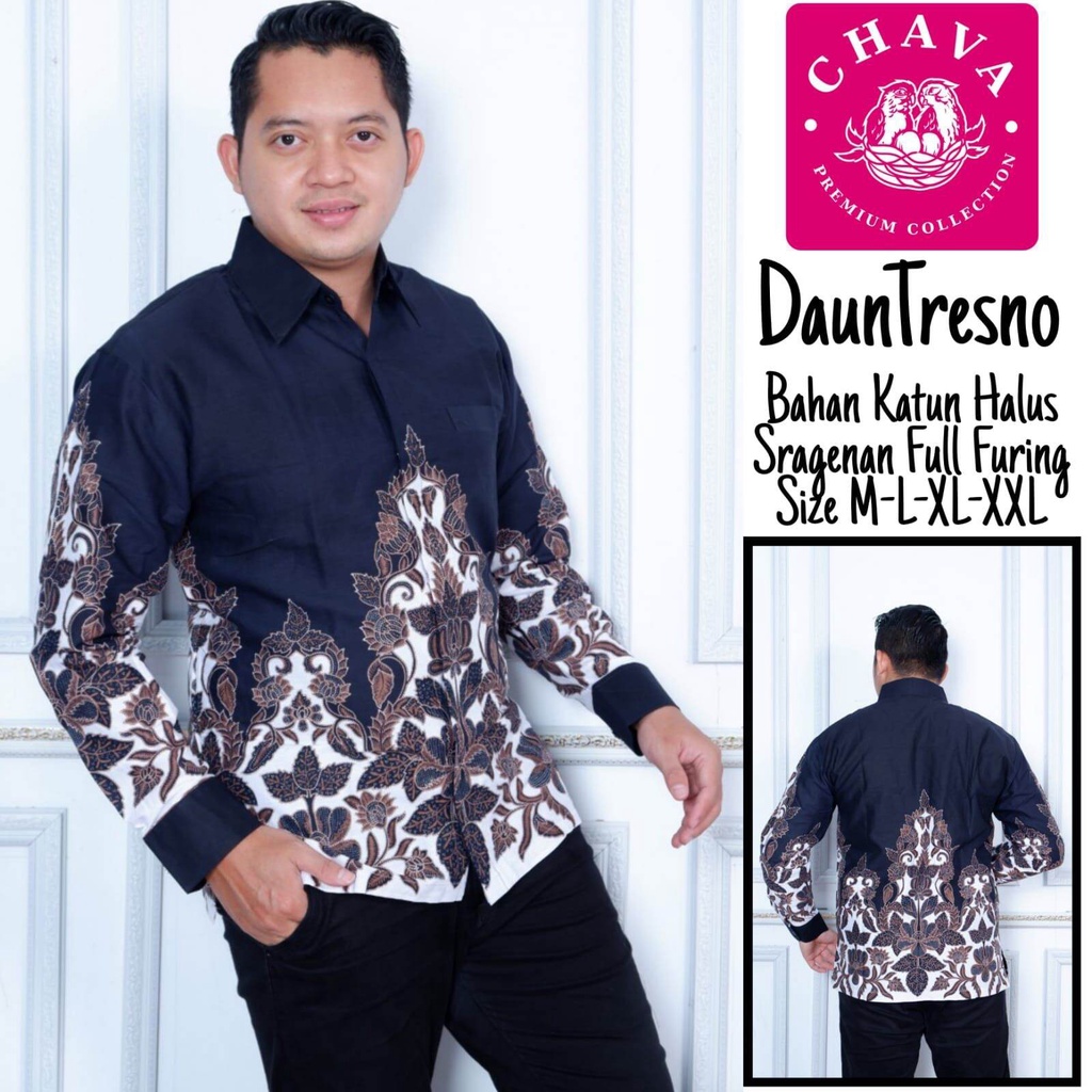 Kemeja batik cowo terbaru warna hitam baju batik pria bahan katun halus full furing batik motif daun