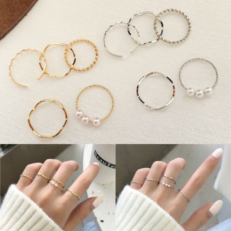 Set (isi 5 buah) Cincin Ring Mutiara Alloy Geometri Aneka Bentuk Korean Pearl Ring Korea