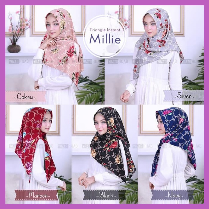 MILLIE Instant Hijab Jilbab Triangle Kerudung Segitiga Instan Motif Bunga Elegan Tidak Menerawang