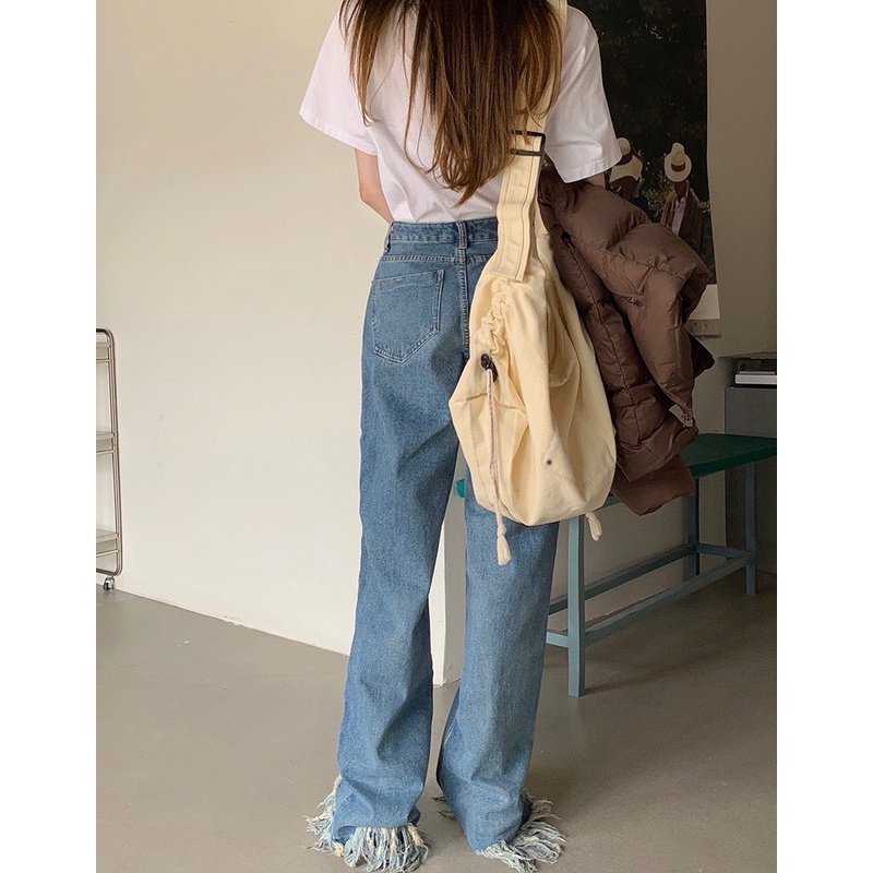 Suhao raw edge dad jeans wanita pinggang tinggi celana lurus longgar celana pel kaki lebar**&amp;-