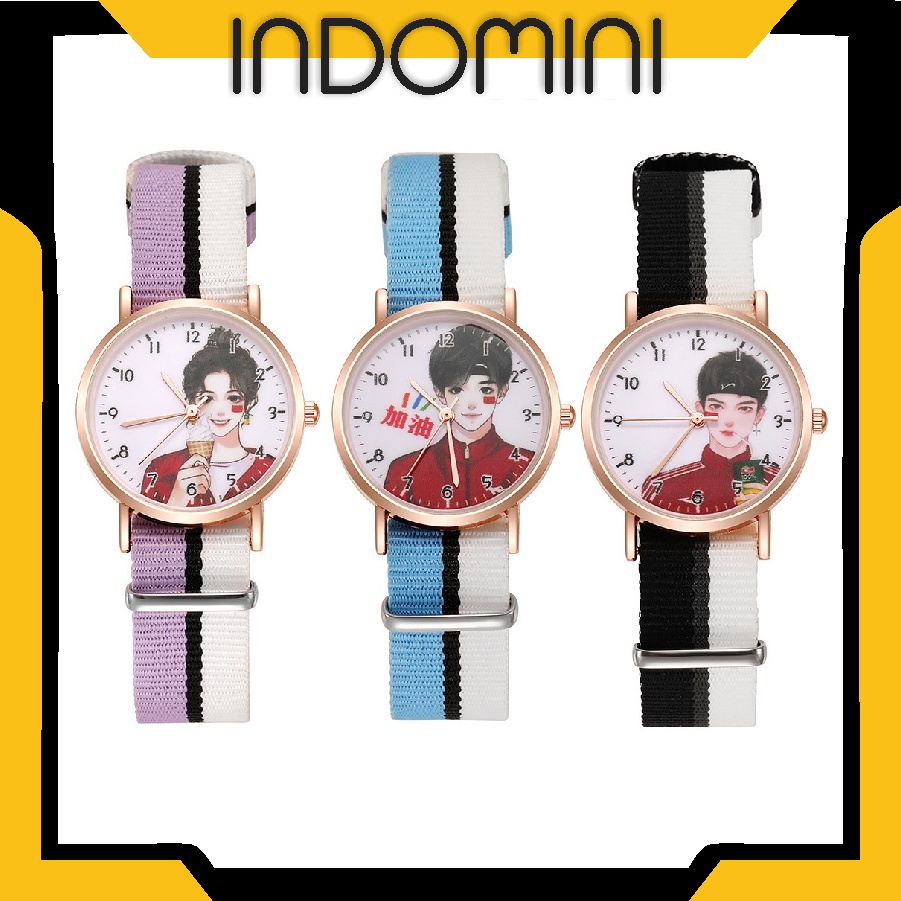 INDOMINI JT042 Jam Tangan Analog Wanita Gaya Korea Strap Canvas Warna-Warni Dial Bulat