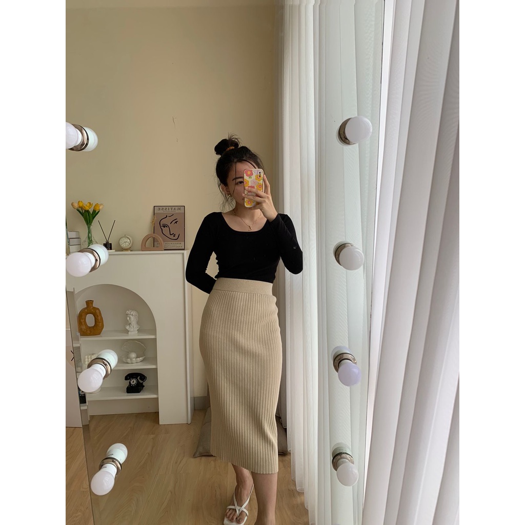 GirlWish Fashion Korean Crop Knit Top Long Sleeve U-Neck Knit Top Atasan Crop Lengan Panjang Atasan Wanita LS001