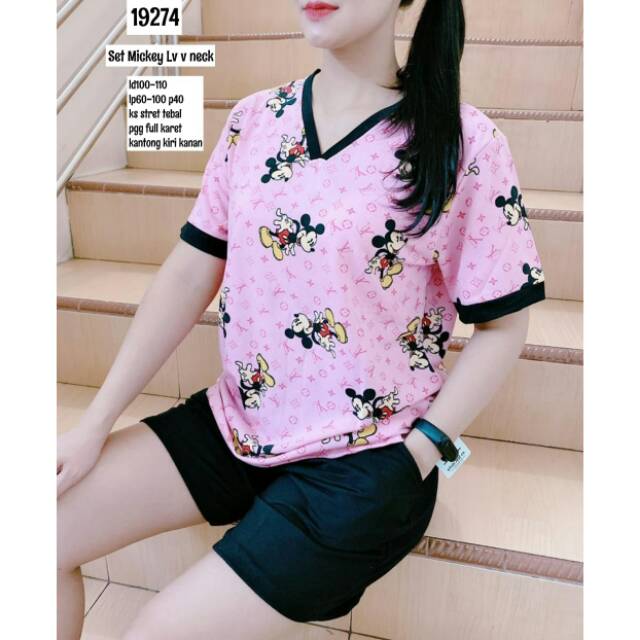 SETELAN KAOS+CELANA WANITA IMPORT PREMIUM LV LOUIS VUITTON V NECK 19274