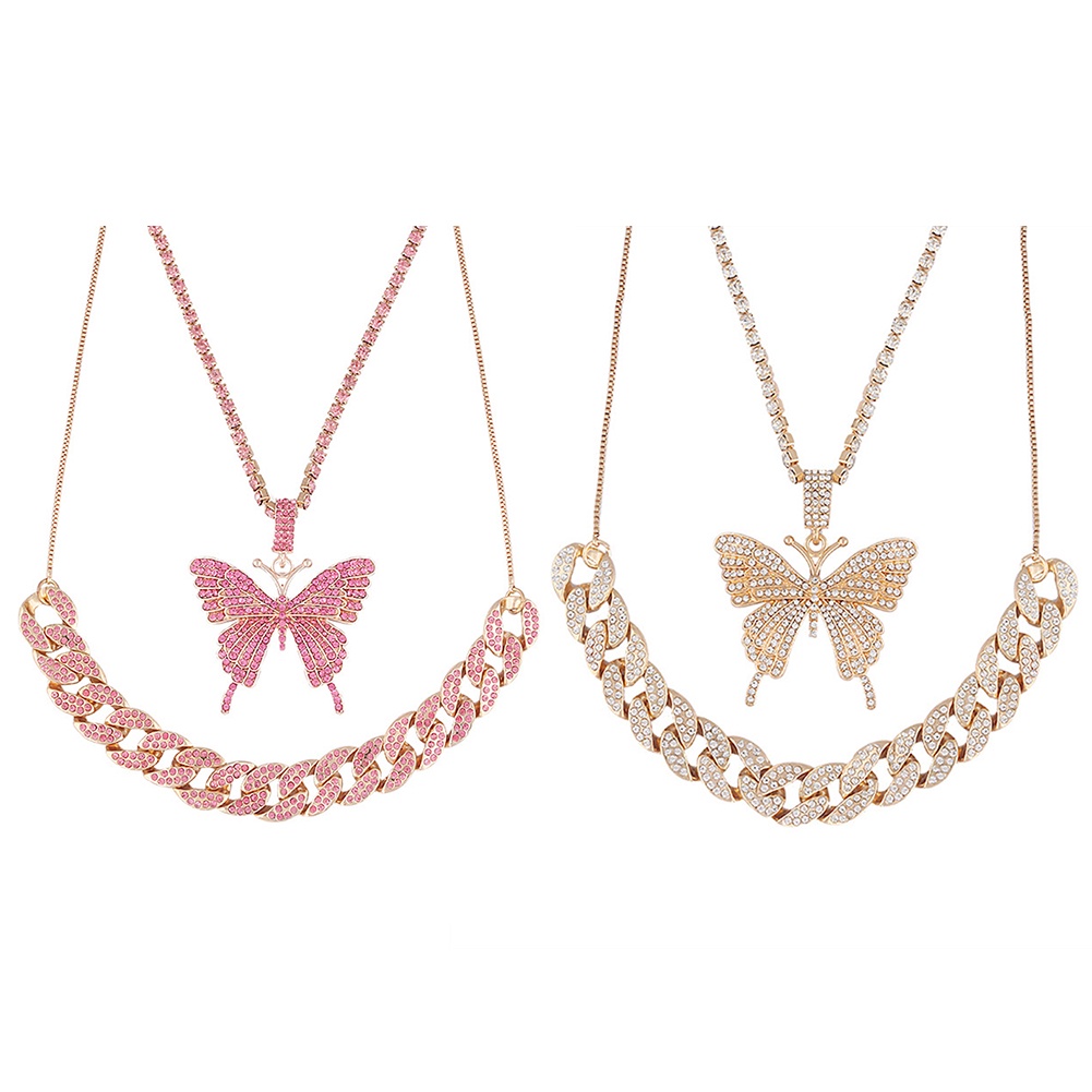 Hu Hu Hu Hu Hu Alat Bantu Pasang Kacamata♡ Kalung Rantai Liontin Kupu-Kupu Berlian Imitasi Dua Lapis Untuk Wanita