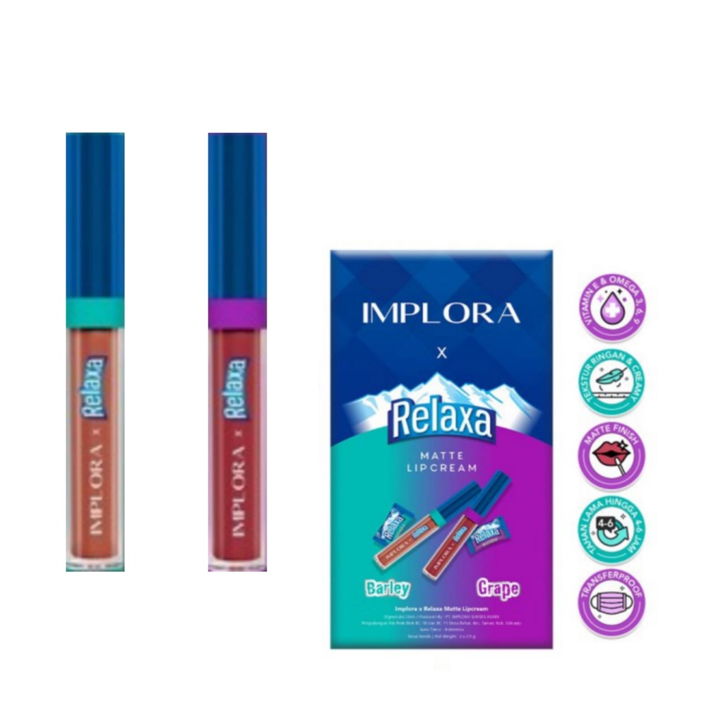 IMPLORA x Relaxa Matte Lipcream BARLEY + GRAPE (Per Pack LIMITED EDITION) BPOM NEW !!