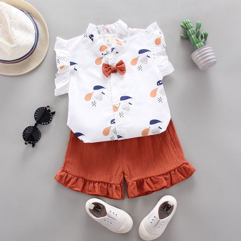 KF CAT Baju Setelan Anak Perempuan Kemeja+Celana Pendek Bahan Kapas Set Bayi Cewek Busur Import