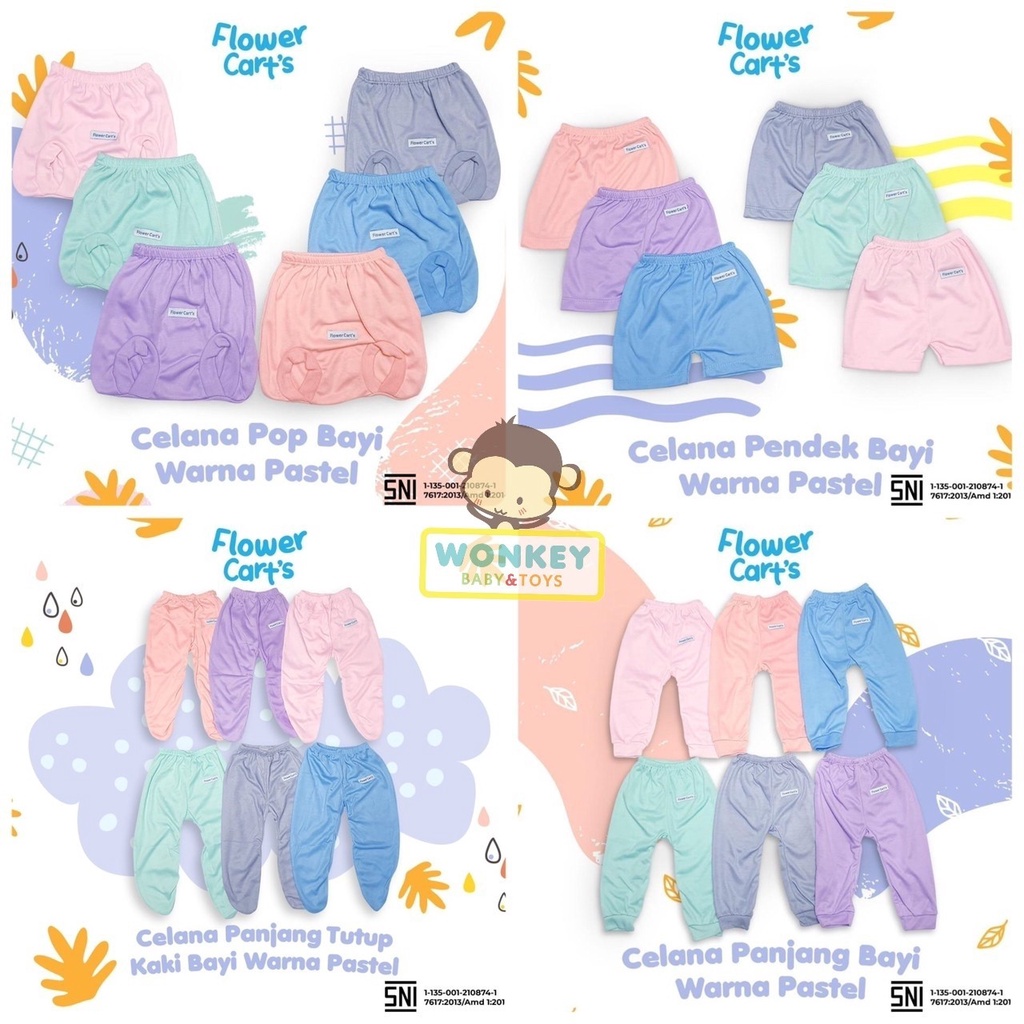 Celana Bayi Newborn Panjang / Pendek / Panjang Tutup Kaki / Celana Pop Baby 0-6 Bulan Flower Cart's