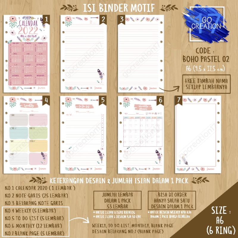 

Buku Planner isi Kertas Binder Motif Boho Pastel 02 Premium A6 ring 6