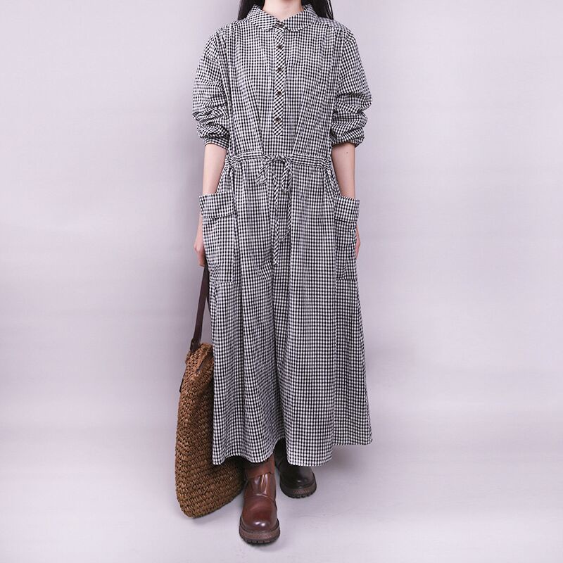 №Gaun Katun Linen Rok Kemeja Renda Kotak-Kotak Ukuran Besar Produk Baru Musim Semi Musim Gugur Wanit