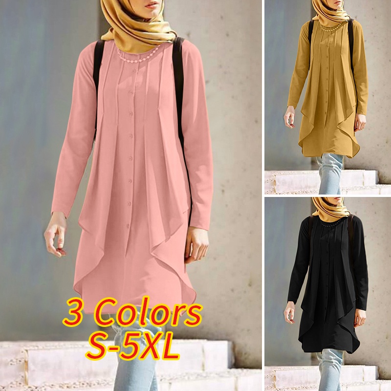 ZANZEA Women Fashion Casual O Neck Button Down Irregular Hem Long Muslim Blouse