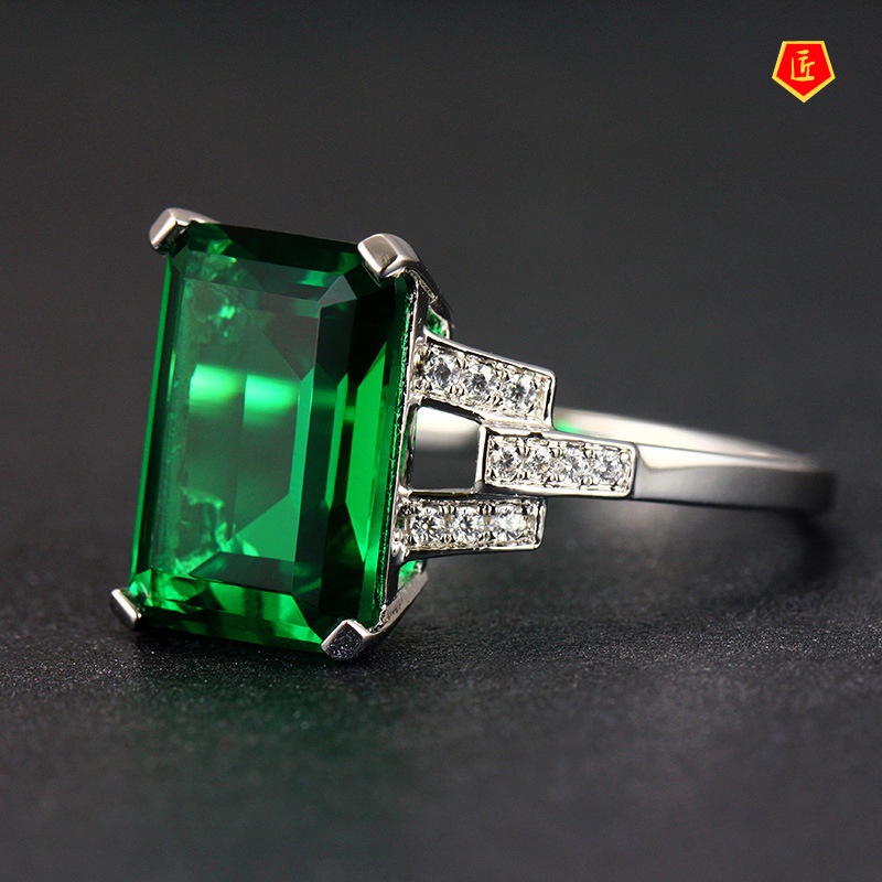 [Ready Stock]Square Emerald Ring 925 Silver Fashion Elegant and Personalized