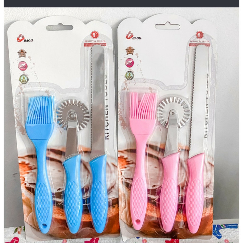 RUMAH COD_RUMAH COD_HOME-L01 Set 3 in 1 Kuas Silikon Pisau GERIGI Pisau Kue Roti Selai Mentega Silic