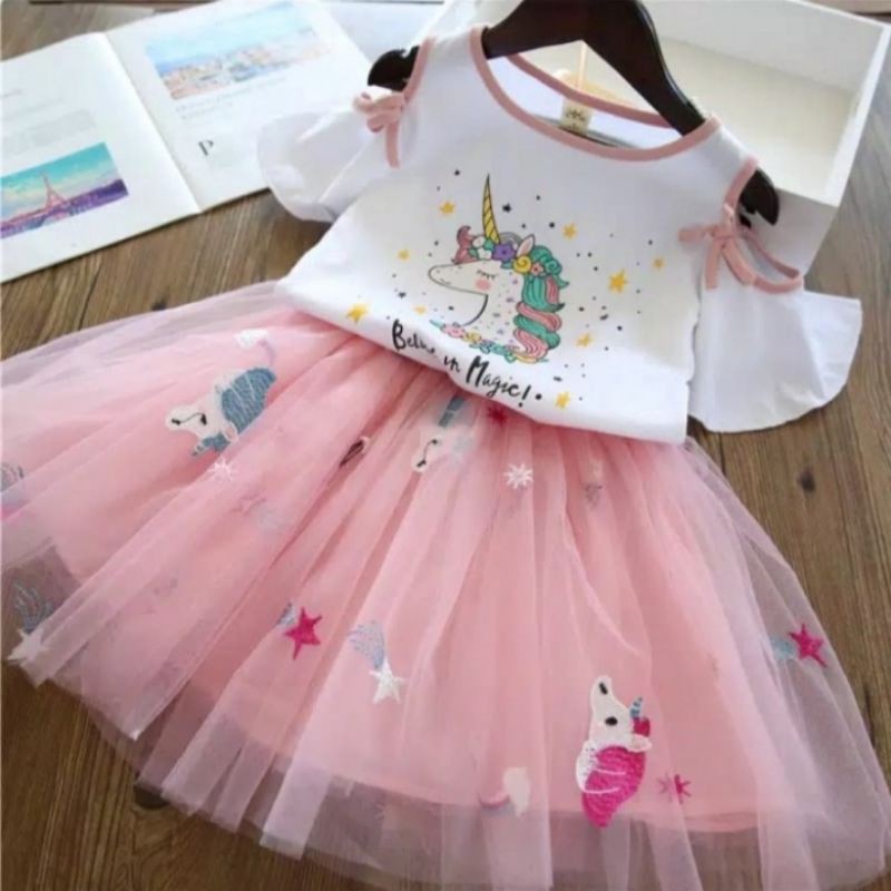 SETELAN BAJU ANAK IMPOR / SETELAN BAJU TUTU UNICORN / SETELAN BAJU SABRINA TUTU SHOULDER OFF