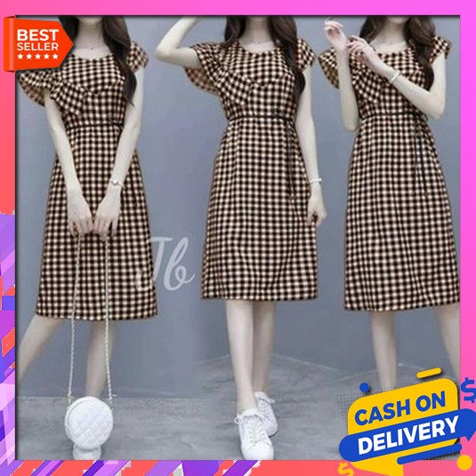 Gks - Korea Style Dress Lengan Pendek Midi Dress Kombinasi Renda Minim [Dress Aulia Kotak Ve] Dress