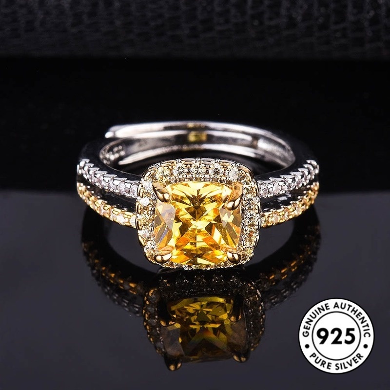 [S925]Fashion Elegant Double-Layer Full Diamond Princess Square Yellow Diamond Open Ring S925 Silver