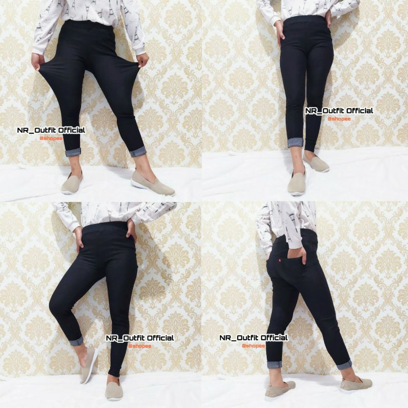 Legging Wanita Bahan Denim/ lejing jeans Super Stretch Pinggang Full Karet NR_Outfit Official COD