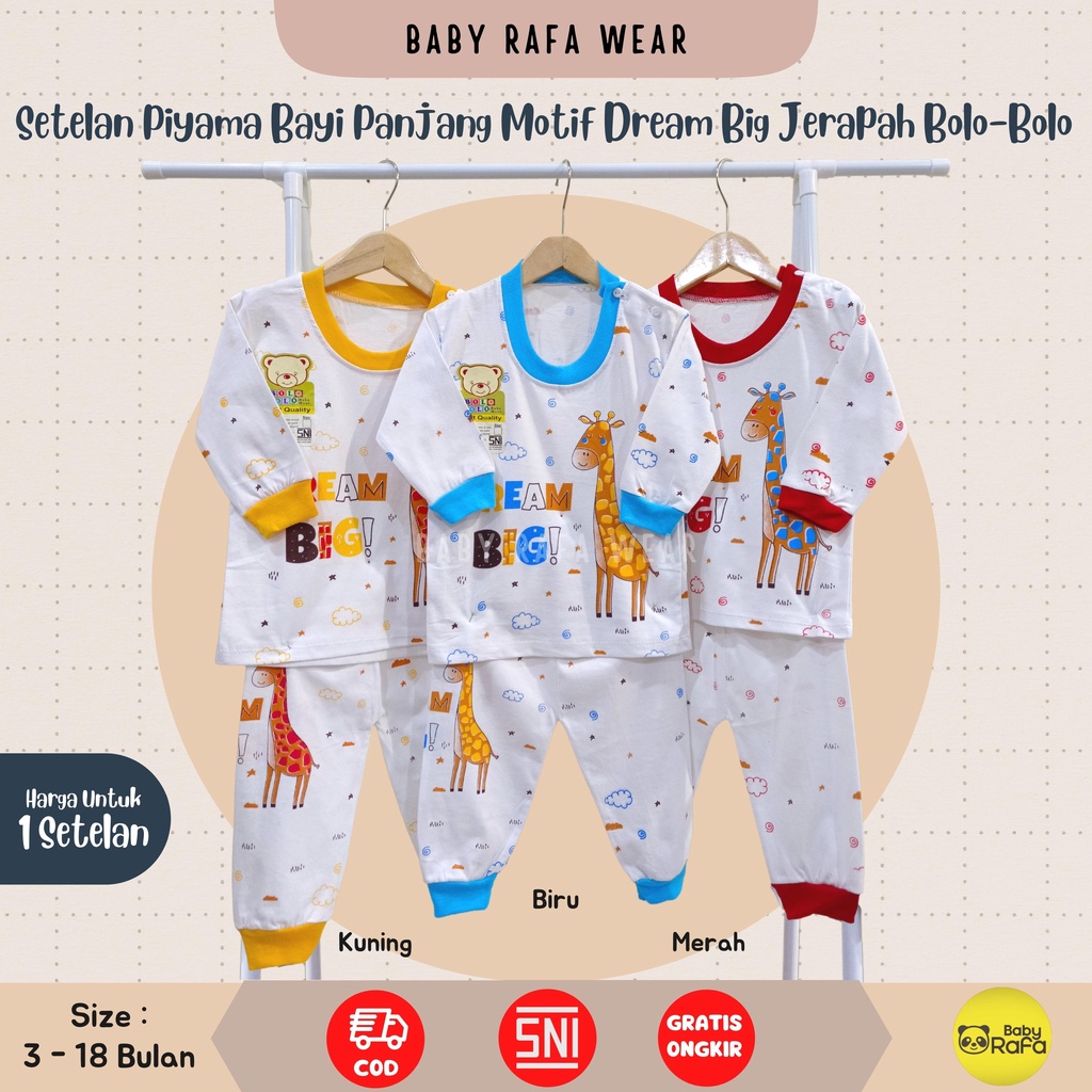 Setelan Piyama Baju Bayi Panjang 3 - 18 Bulan merk Bolo - Bolo SNI motif DREAM BIG JERAPAH