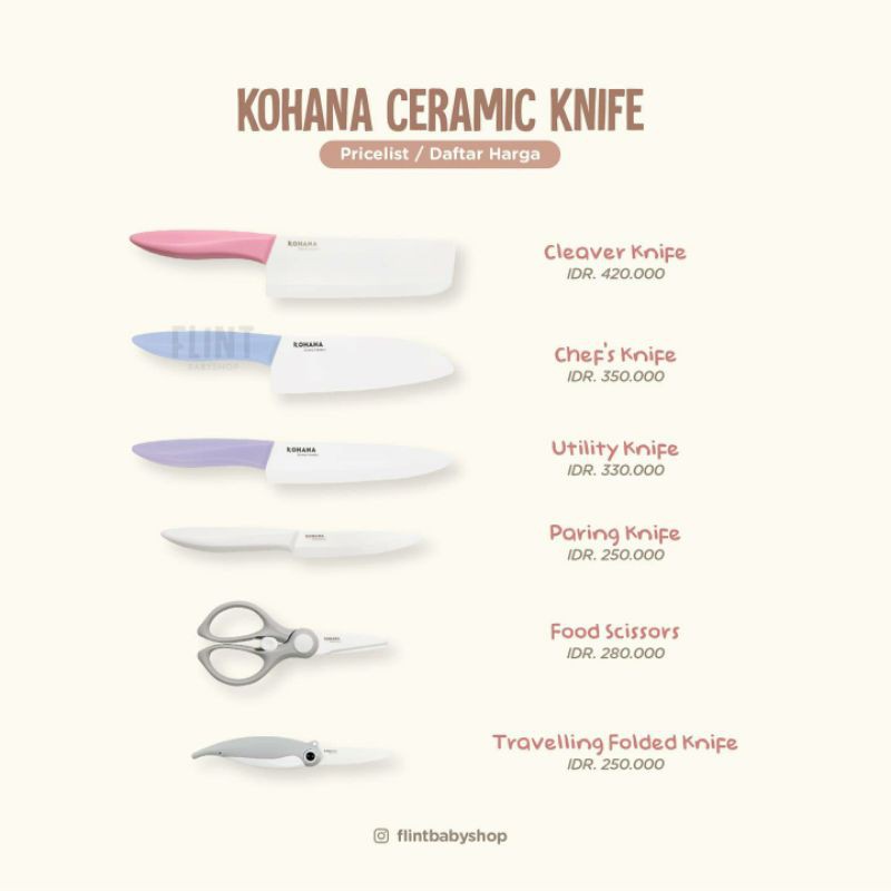 kohana surabaya pisau ceramic Zirconia Ceramics utility lilac blue nude grey chef knife travelling