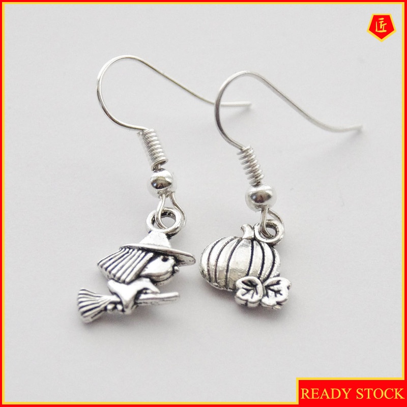 [Ready Stock]New Halloween Witch Pumpkin Asymmetric Earrings S925 Silver Black