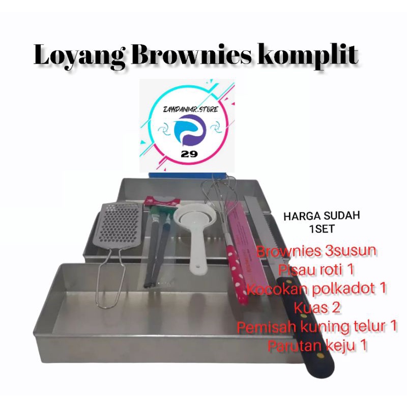 LOYANG BROWNIES KOMPLIT BONUS PISAU ROTI+KOCOKAN POLKADOT+KUAS 2+PEMISAH KUNING TELUR+PARUTAN KEJU