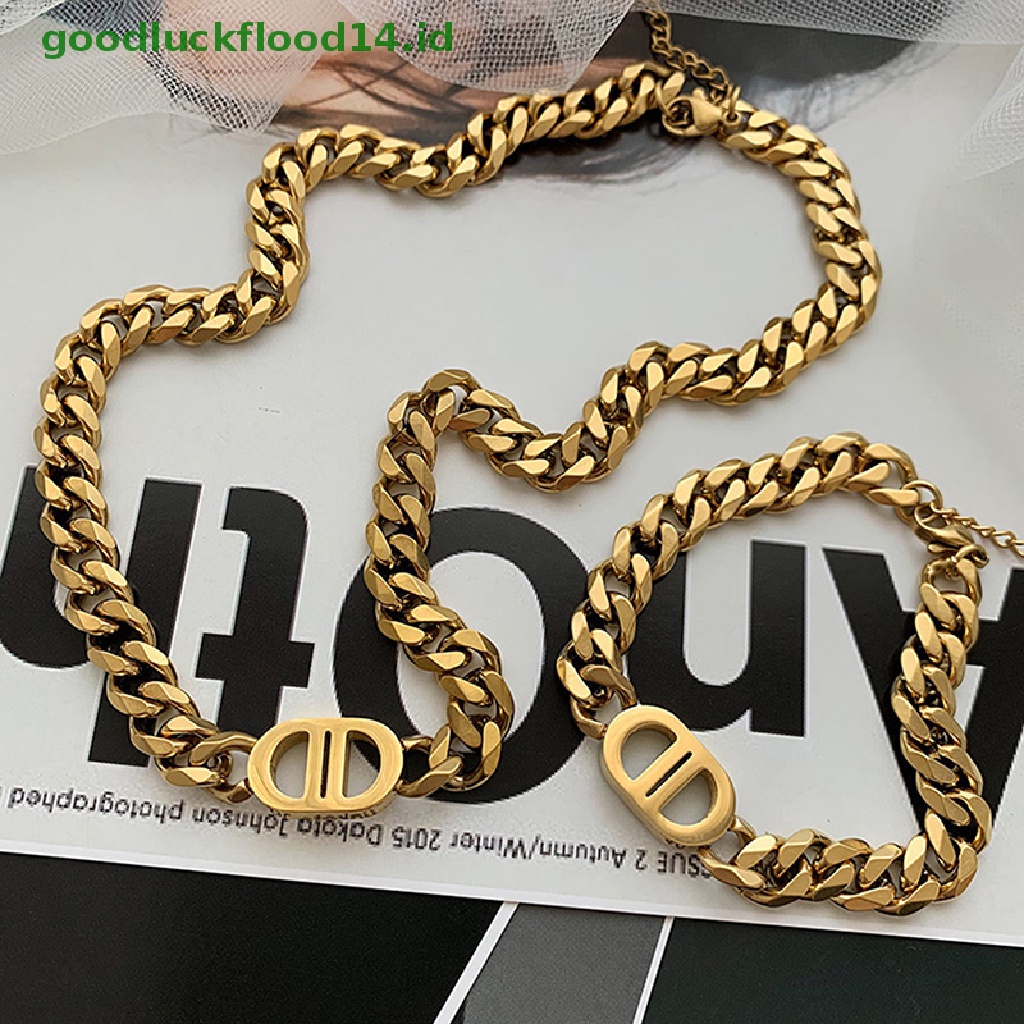 Kalung Rantai Bahan Titanium Steel Tebal Desain Double D Gaya Hip hop Untuk Wanita