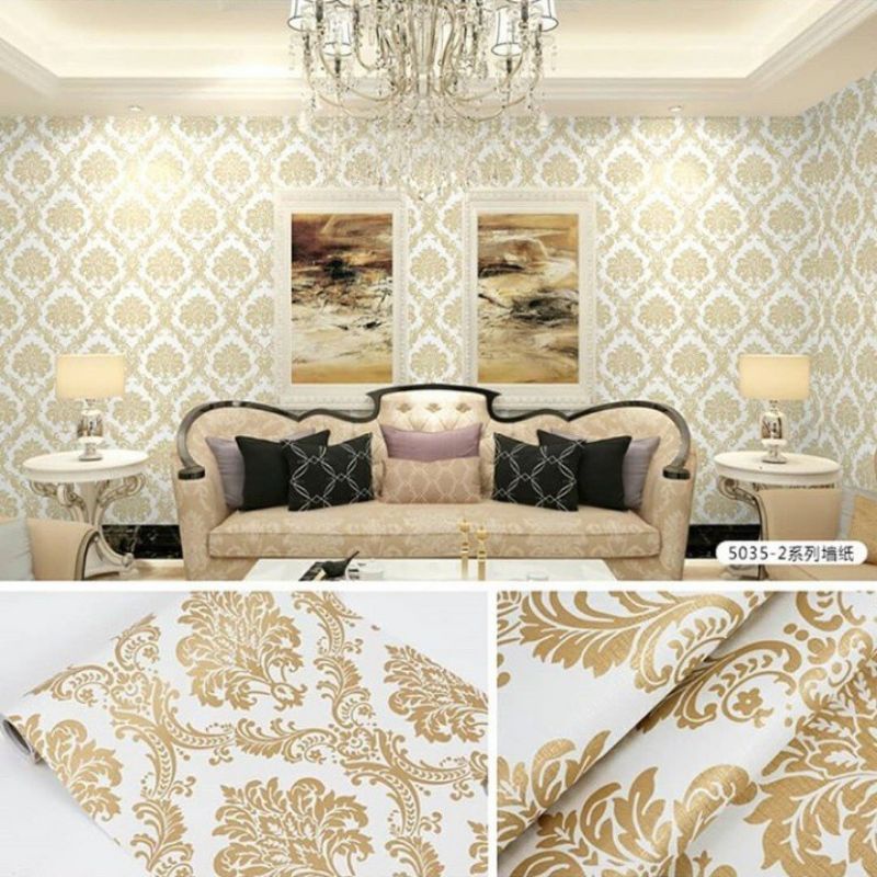 COD ( BAYAR DI TEMPAT ) Wallpaper Sticker Dinding Bertekstur Salur Daun Ungu Pink Putih Cream Biru Abu Hitam Navy Hijau Tosca Kuning Merah Coklat Salur Bunga Batik Batu Bata 3D Kotak Segitiga minimalis Baju Celana Sendal Kaos Gamis Celana Dalam Kosmetik-BATIK GOLD DASAR PTH