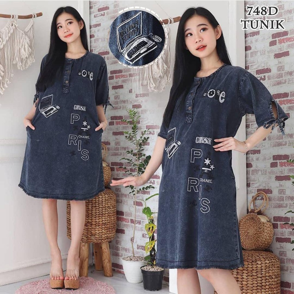 Dress Denim Tunik Lengan Pendek Bordir Best Seller