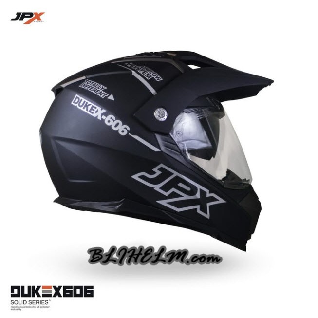 HELM JPX DUKE X606 BLACK DOFF SILVER | SUPERMOTO HELMET DOUBLE VISOR