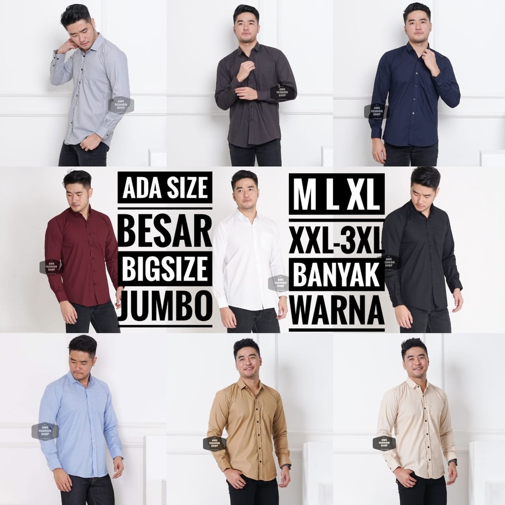 Kemeja Lengan Panjang Pria Polos Jumbo XXL XXXL Hitam Merah Maroon Dark Blue White Slimfit Casual