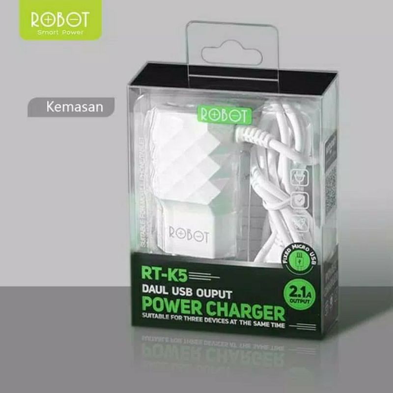 Robot RT-K5 Dual USB Output 2.1A Charger 3 Device 2 USB + Micro USB