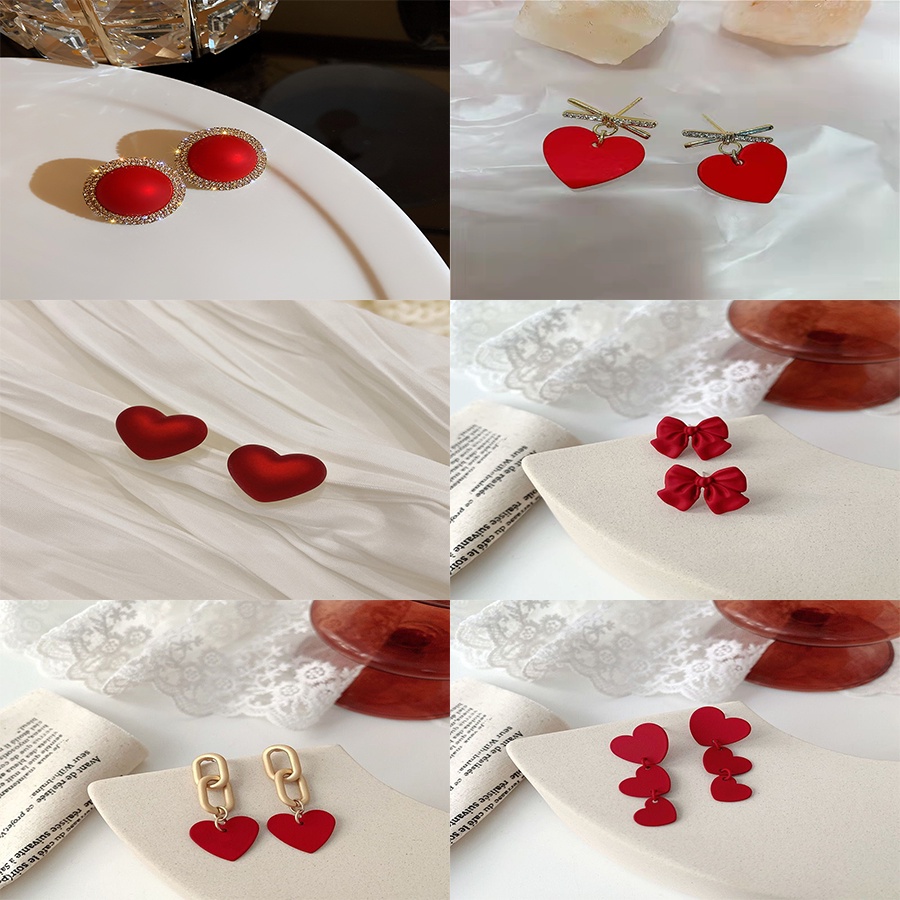 6 styles of red bow love heart diamond-painted women's earrings earrings Korean fashion jewelry festive lucky accessories