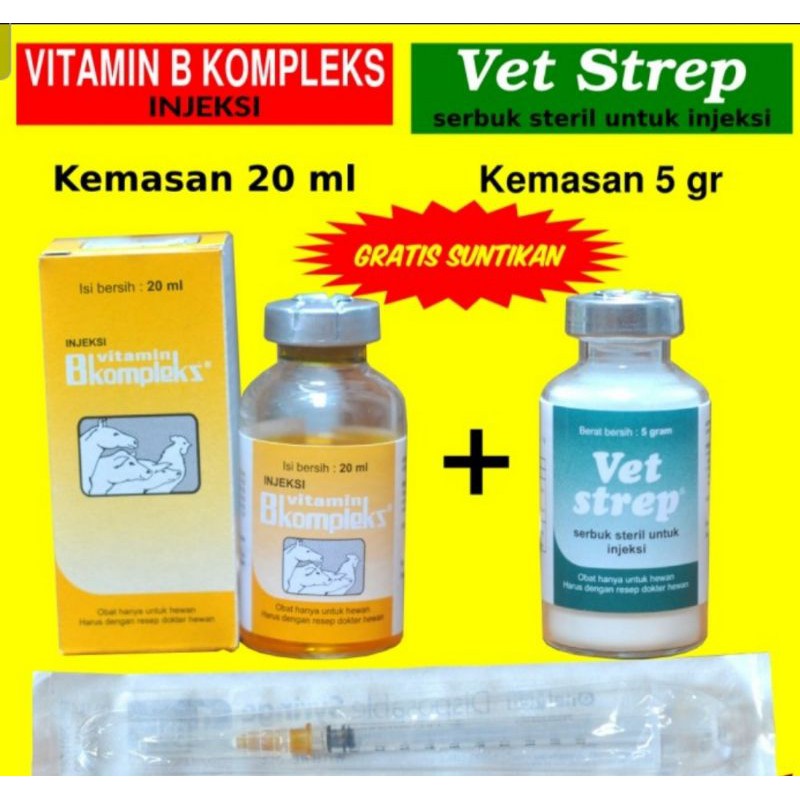 vet strep 5gram + b kompleks 20ml bns suntik obat vitamin ayam burung merpati snot pilek ngorok luka