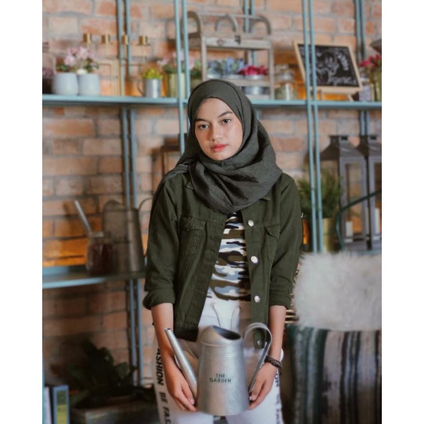 Jacket Jeans Hijau Army Denim Zara Jaket Tebal Import Fashion Wanita T - Hijau Army