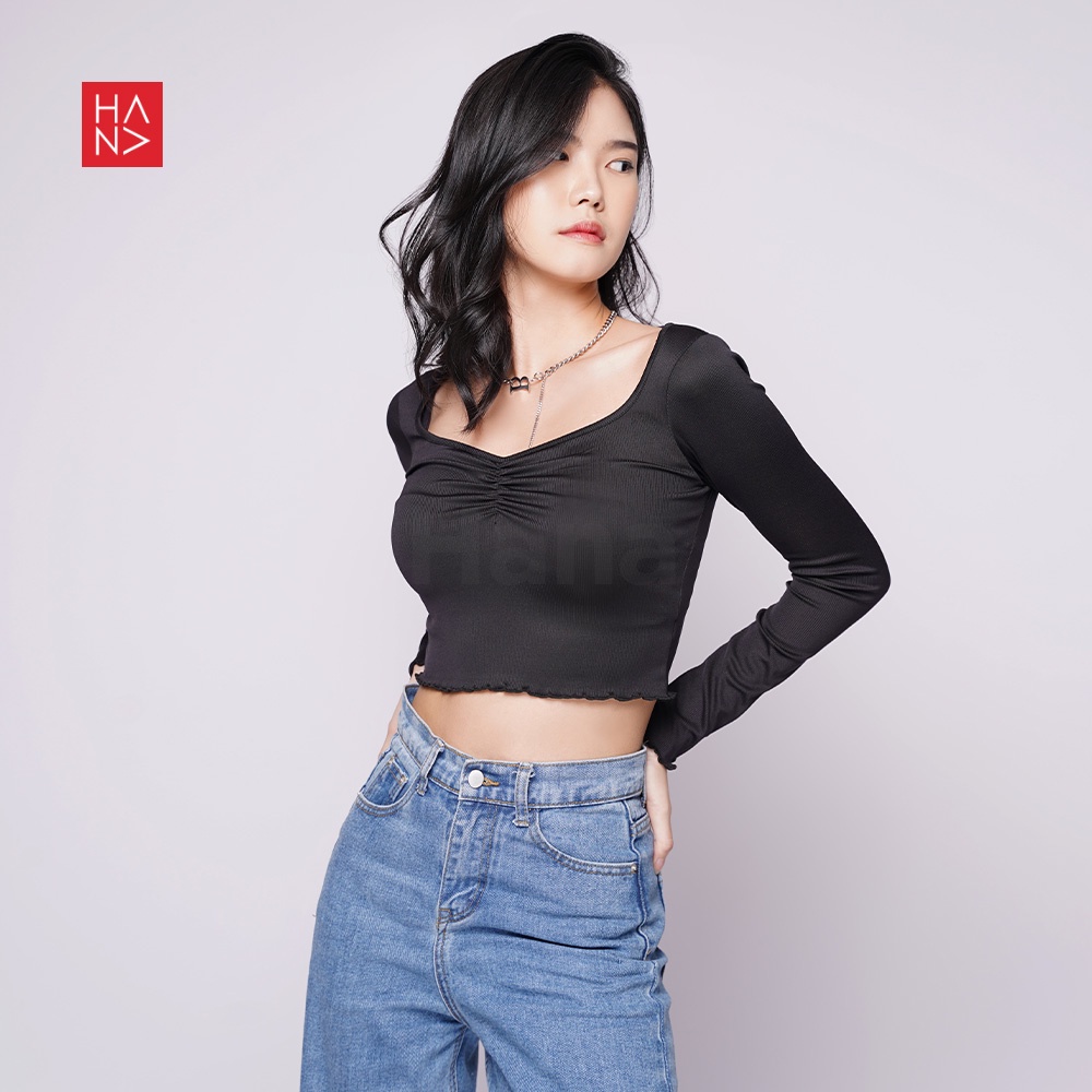 Hana Fashion - Mirae Knit Long Sleeve Crop Top Blouse Wanita - CT272