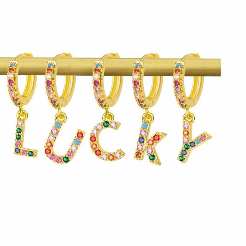 1 Pc Anting Kristal Zircon 18k gold Desain 26 Huruf Warna-Warni Untuk Wanita