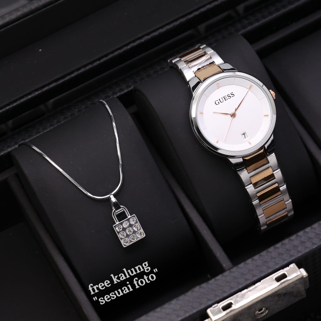 JAM TANGAN WANITA GUESS RANTAI STAINLESS FREE KALUNG GIFT FREE BOX BATERAI TANGGAL AKTIF || JAM TANGAN FASHION CEWEK