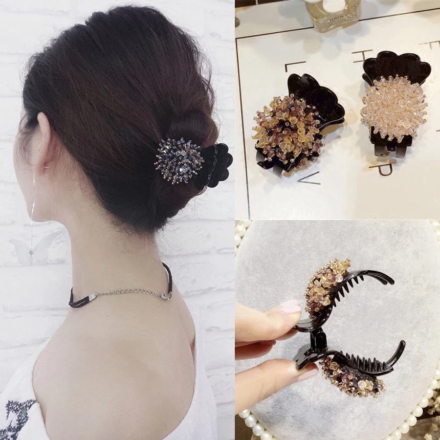 Jepit Rambut Ponytail Aksen Manik-Manik Kristal Gaya Korea Untuk Wanita