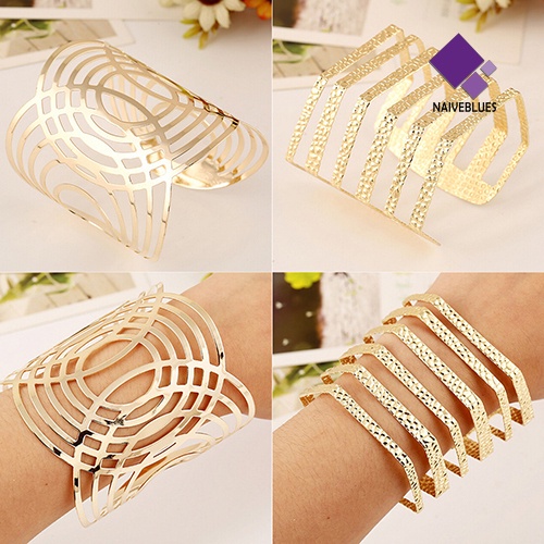 Naiveblue &gt; Gelang Tangan Terbuka Motif Geometri Aksen Hollow Warna Gold / Silver Untuk Unisex / Pria / Wanita