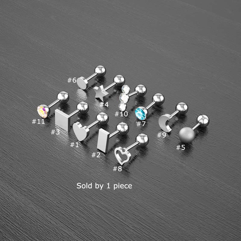 1 Piece Hypoallergenic Stainless Steel Heart Star Moon Shape Earring Stud Helix Lobe Piercing 16 Gauge